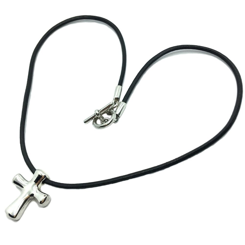 Black Leather Cord Cross Necklace Sterling Silver